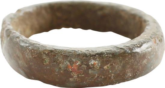VIKING WEDDING RING, 9TH-10TH CENTURY AD JEWELRY SIZE ½: No Reserve! Cambridgeshire England. Bronze, originally gilt, size 1/2 for the small finger as was the custom. Broad 3.0mm width with slightly rounded face. Good patina and preservation with minor surf
