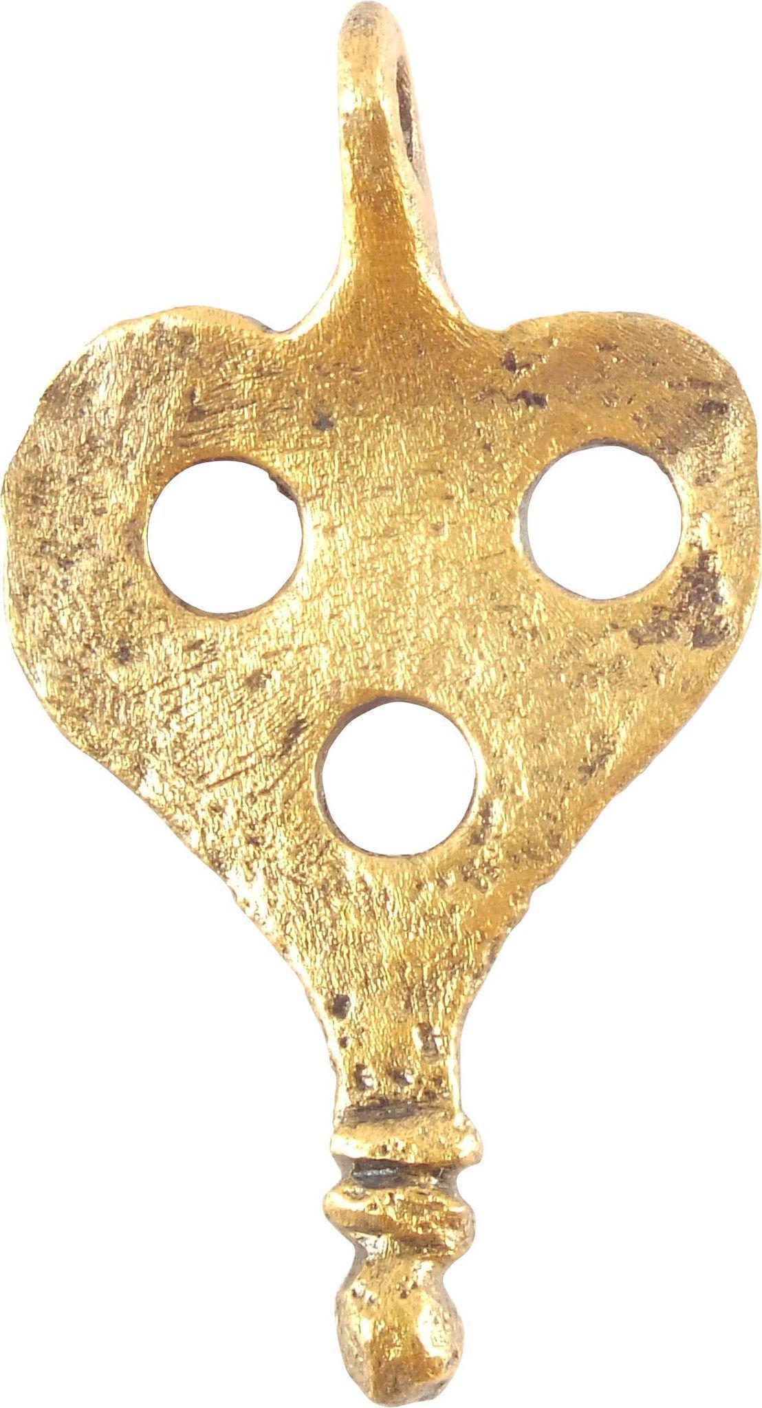 ROMAN LEGIONARY APRON (PTERUGES) MOUNT, 100-300 AD: For the military pteruges, the apron like leather scale armor element worn around the waist. These served as additional protection as they would help absorb a sword or spear blow. Gilt bronze, 1 1/8" 