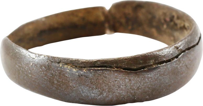 RARE COPPER VIKING RING, 900-1050 AD JEWELRY, SZ 9 ¼.: No Reserve! Size 9 ¼. Broad width band, 3.3 to 5.2mm, with rounded face. Mottled green/brown patina with encrustation from burial. Vikings were expert metallurgists. The use of pure copper is rare an