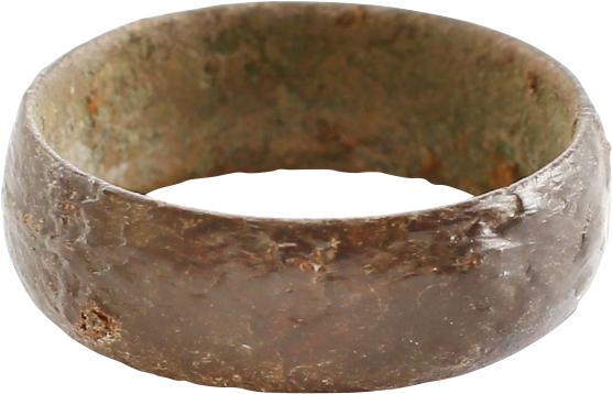 ANCIENT VIKING WEDDING RING C.850-1050 AD JEWELRY S 7 ½: No Reserve! Bronze, Sz 7 ½. Rounded face band 6.5mm width. Surface with light encrustation from burial. Vikings exchanged rings on the pommel of the groom’s sword. Gift boxed with certificate of au