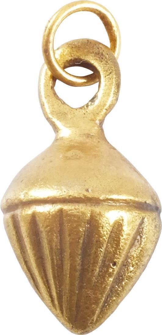 ANCIENT ROMAN SHELL PENDANT C.100-400 A.D.: Gilt bronze. Over 1” height plus the ring. Large domed form, the back recessed. Romans were very dependent on the sea and used sea motifs, real and mythical extensively in their art and decore. Prof