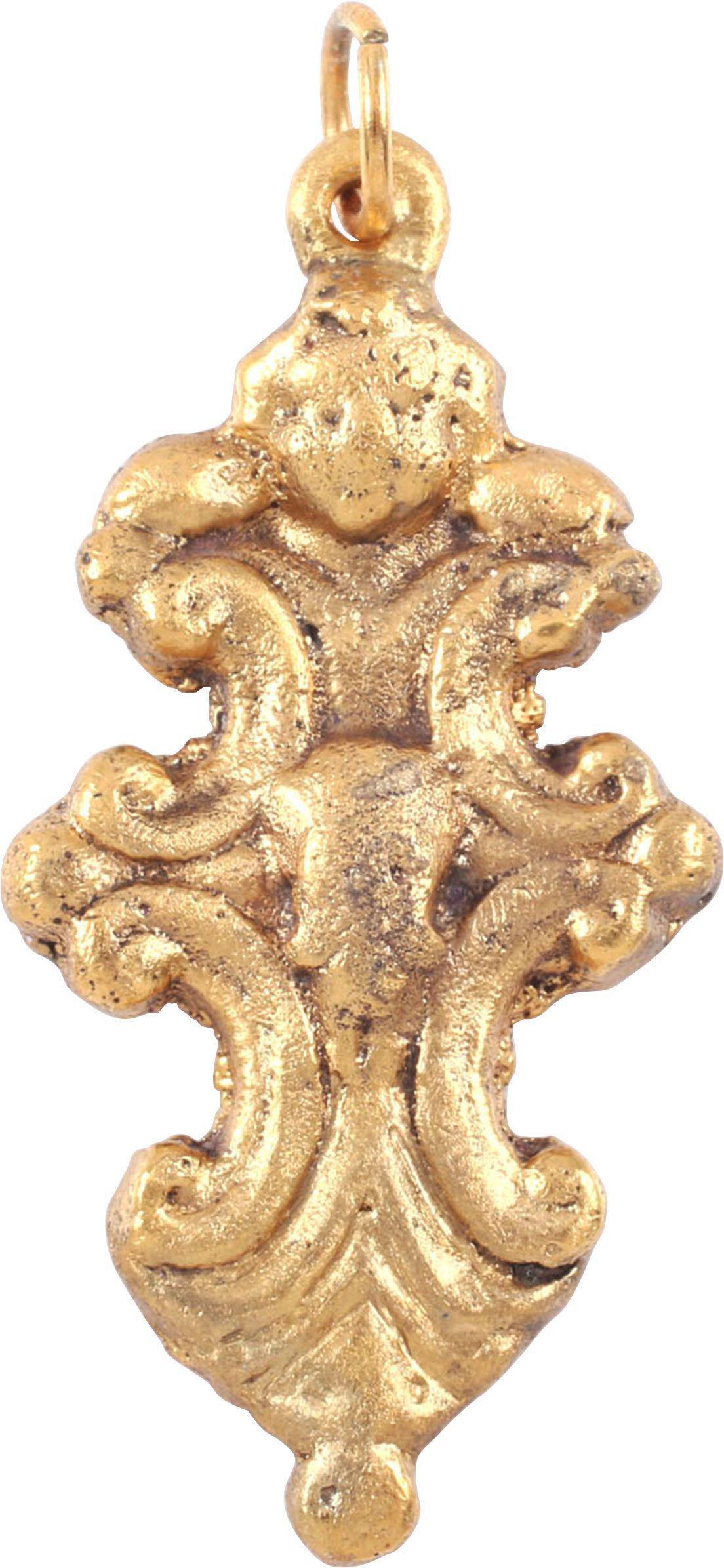SPANISH RENAISSANCE PENDANT 16th CENTURY: The period of the Spanish Inquisition. Gilt bronze. Over 1 3/8” height abstracted cross form with cherub face to the top and central bearded man balancing it. Good high relief execution. Professiona