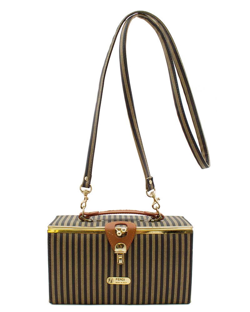 Fendi Zucca Stripe Box Train Bag: 1980s Fendi Zucca striped rectangular 'Train Bag' with top handle and shoulder strap. The fresh and clean interior is lined in bright red corduroy with one interior side pocket and a large mirror on t
