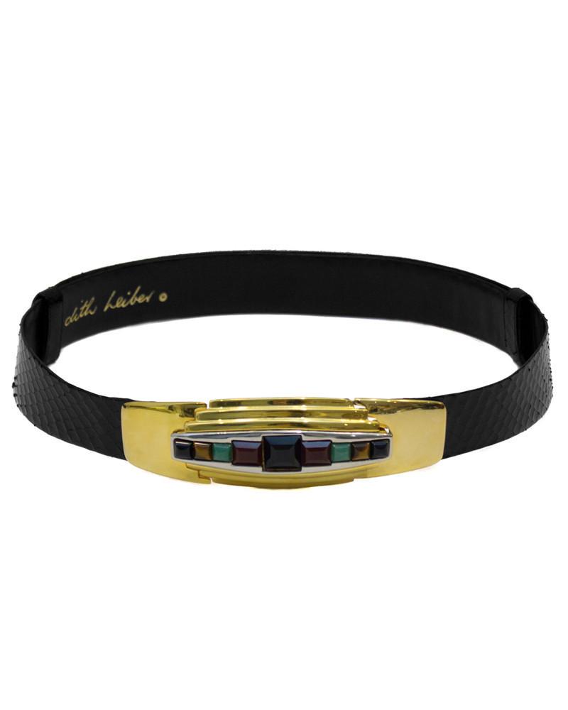 Judith Leiber Black Python Belt with Multi Color Buckle: A 1980’s Judith Leiber belt made from beautiful black python and a gold and silver geometric buckle. The adjustable belt fastens in the front with a hidden clasp behind the buckle. Finished with bur