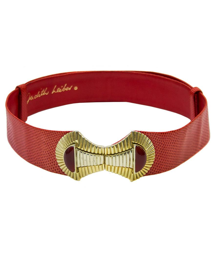 Judith Leiber Red Lizard Belt with Gold Details: 1980s red lizard Judith Leiber adjustable belt. Large gold and silver tone buckle with hook closure. Interior gold brand stamp. Excellent vintage condition. 39" at loosest, 23" at tightest. Reserve: $