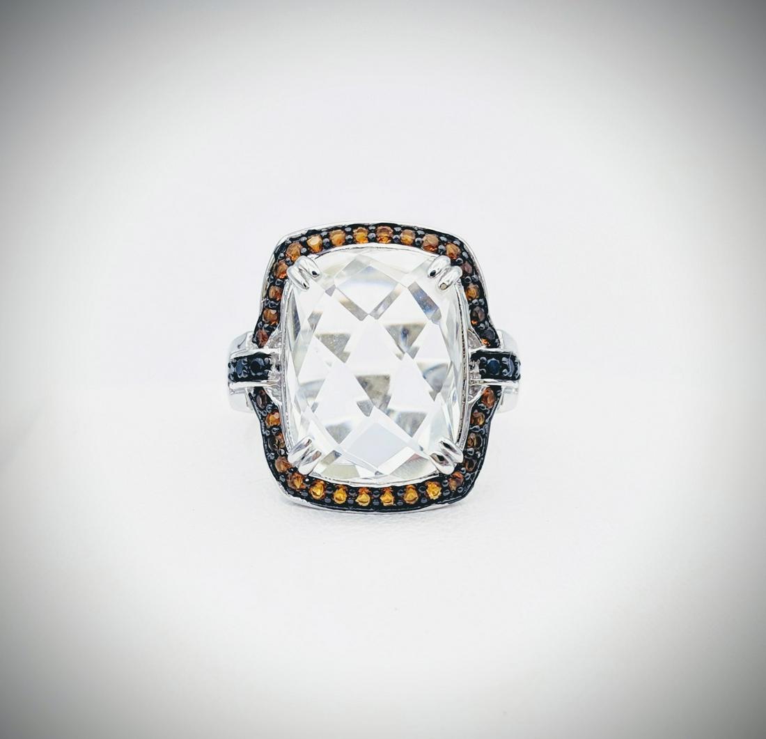 925 SS Sz 7 Hambergite w Orange Citrine & Black Diamond: Title: 925 SS Sz 7 Hambergite w Orange Citrine & Black Diamond Ring Brand: Jean Lin Collection Metal Purity: 925 Sterling Silver Gemstones: Hambergite, Orange Citrine & Black Diamonds Carat Weights: 1
