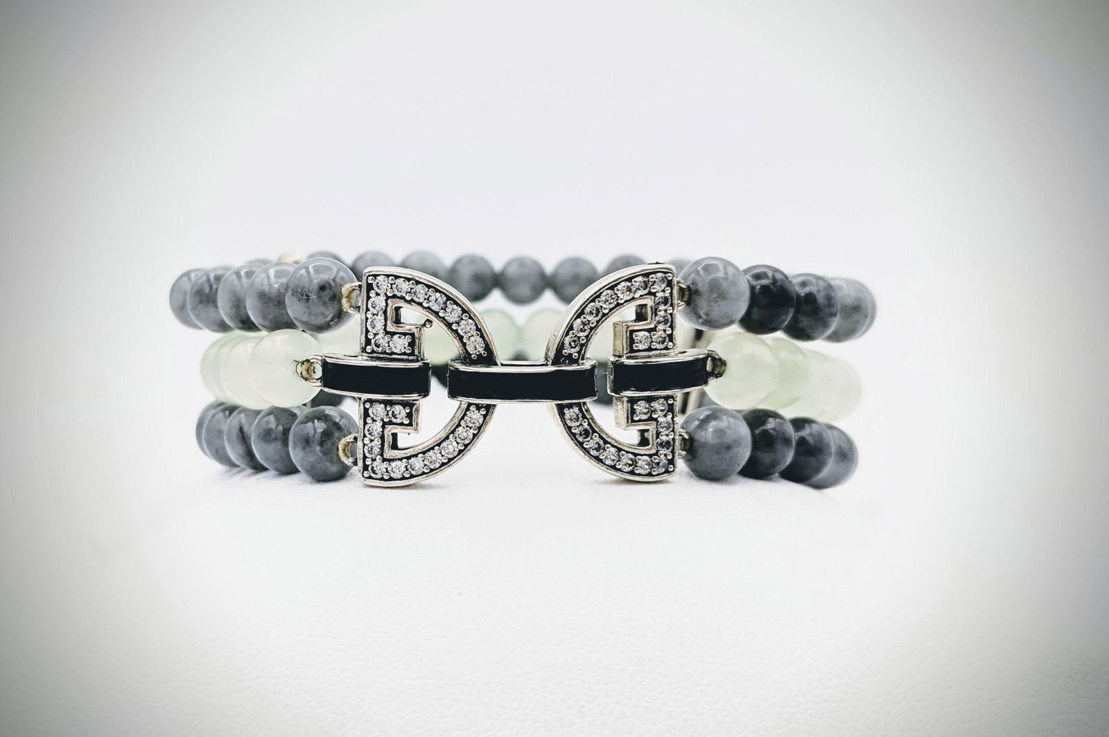 Gray Jadeite & Jade Beaded Bracelet w CZs & Black (1 of 3)