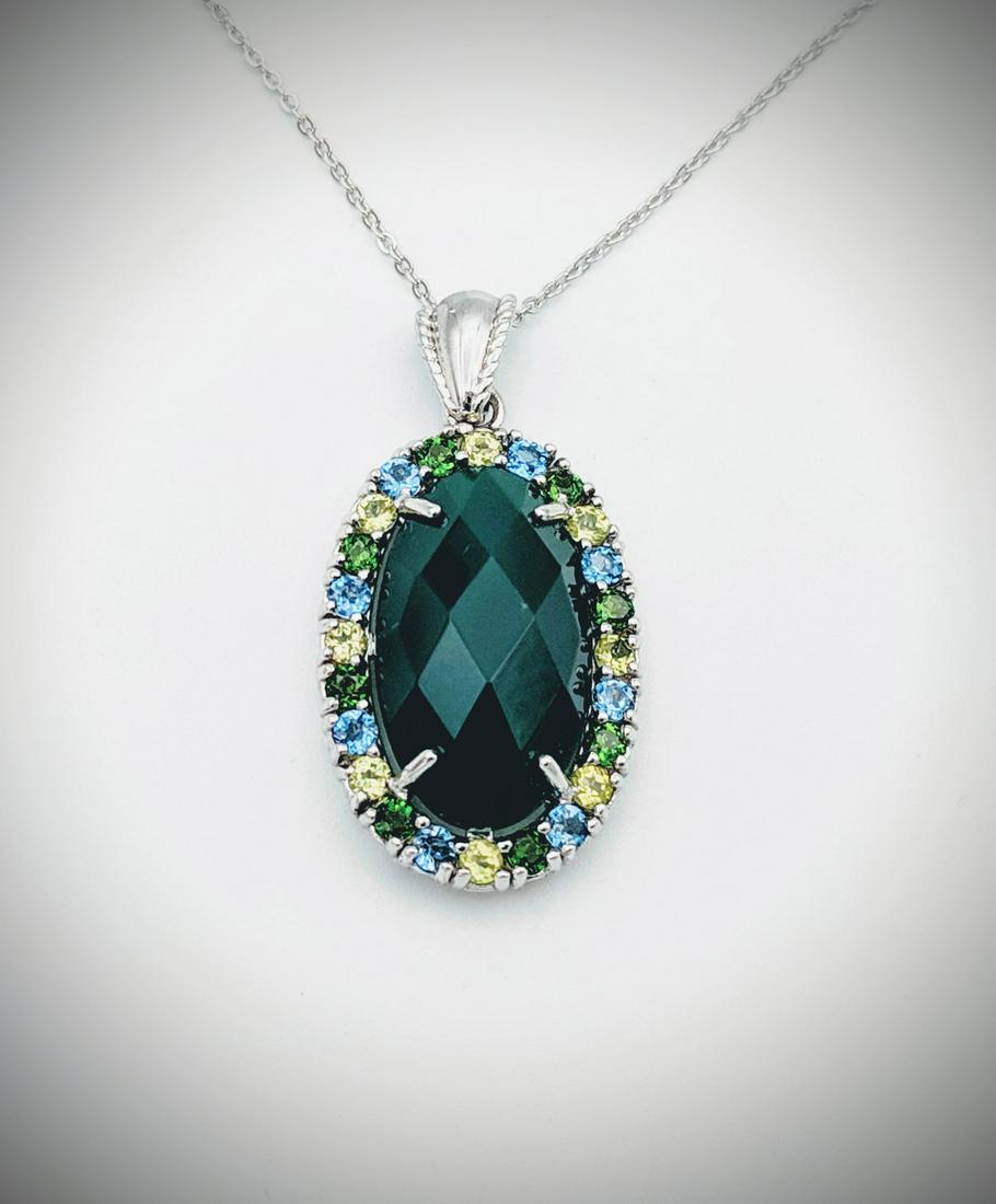 Necklace & Jadeite Pendant w Blue Topaz, Peridot &: Title: Necklace & Jadeite Pendant w Blue Topaz, Peridot & Demantoid Garnet Brand: Jean Lin Collection Metal Purity: 925 Sterling Silver Gemstones: Jadeite, Blue Topaz, Peridot & Demantoid Garnet Carat