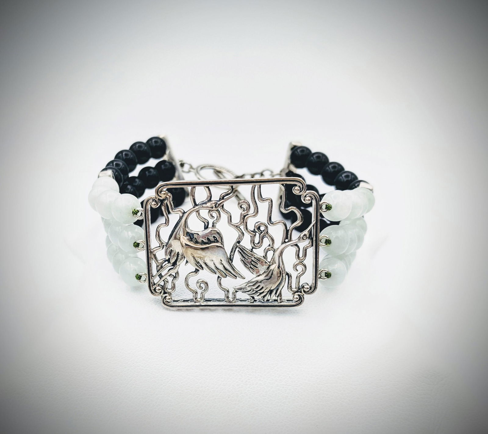 Sterling Silver Bird Bracelet w Jade & Black Onyx Beads (1 of 3)
