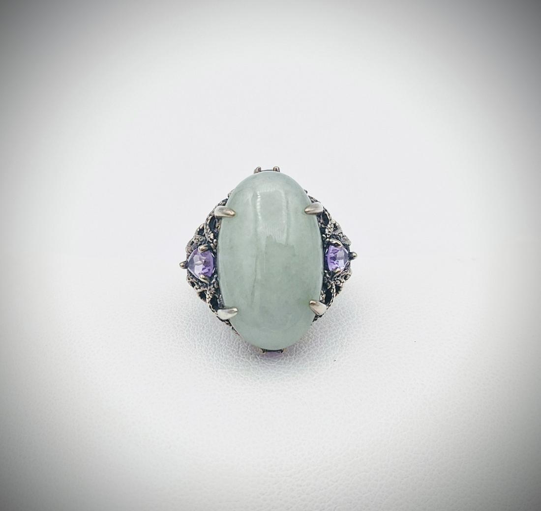 Sterling Silver Sz 7 Oval Jade Ring w Pink & Purple (1 of 4)