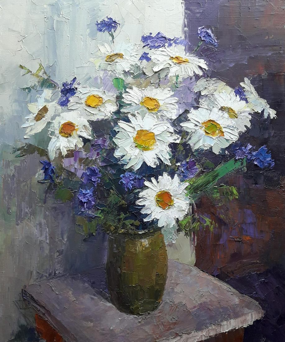 Oil painting Daisies wildflowers Serdyuk Boris: * TITLE: "Daisies wildflowers" * ARTISTS: Serdyuk Boris Petrovich * SIZE: 60x50 cm/'23.62?19.68 inches' * MEDIUM: oil, canvas * HAND PAINTED: Original painting from our collection * CERTIFICATE OF AUT