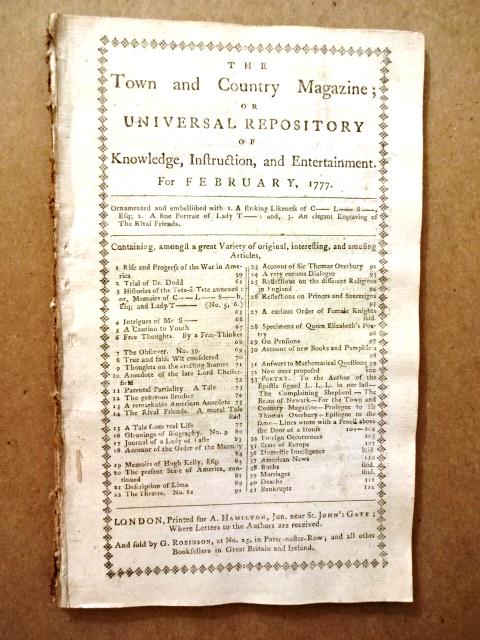 1777 Magazine Revolutionary War: The February 1777 issue of "Town and Country Magazine", printed at London for A. Hamilton, 56 pages and two engraved plates. Some Revolutionary war news including report of the capture of General Lee,
