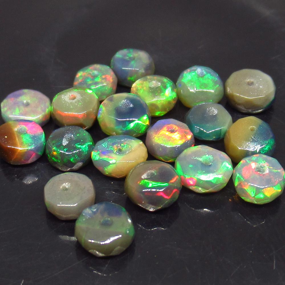 5.47 Ct Natural 19 Drilled Faceted Fire Black Opal: No Reserve! Title: 5.47 Ct Natural 19 Drilled Faceted Fire Black Opal Beads Stone Clarity: Translucent Gemstone: Natural Faceted Black Opal Beads Carat Weights: 5.47 Size/Dimensions: 4.40 to 5.80 mm /