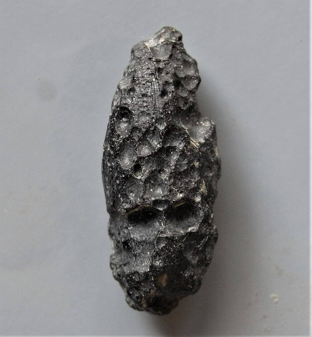 THAILANDITE TEKTITE - FROM METEORITE IMPACT: Title: THAILANDITE TEKTITE - FROM METEORITE IMPACT Origin: Noen Sa-Nga, Chaiyaphum Prov. Thailand Size: 3.1x1.3x1.25 cm / 5 gram Description:nice sculptured pellet. minor glassy chip Reserve: $4.00 Sh