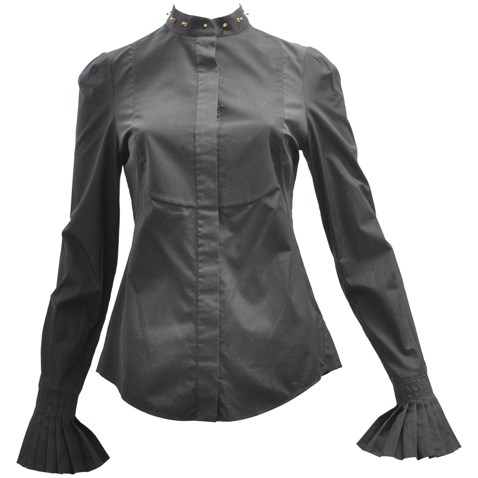 2014 Alexander McQueen Black Stud Collar Tuxedo Shirt: Beautiful quality cotton with a studded mandarin collar and piquet bib. There is concealed button fastening at the front with a stud collar closure. The cuffs are pleated and use a stud instead of a b