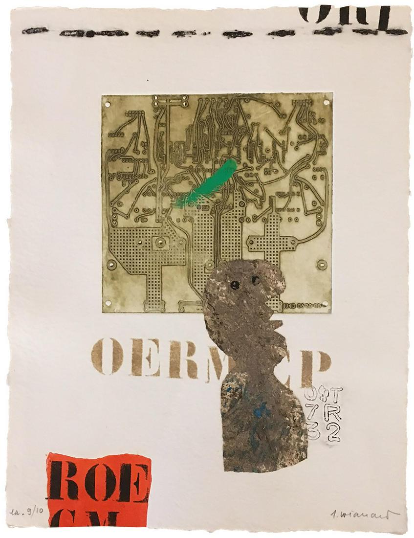 James Coignard: Computer: Title: Computer Artist: James Coignard Medium: Etching collage Dimensions: 12 1/2"x 16" paper Additional Information: Suite of 3 gravuers au carborundums, gouache and collage; limited edition print an