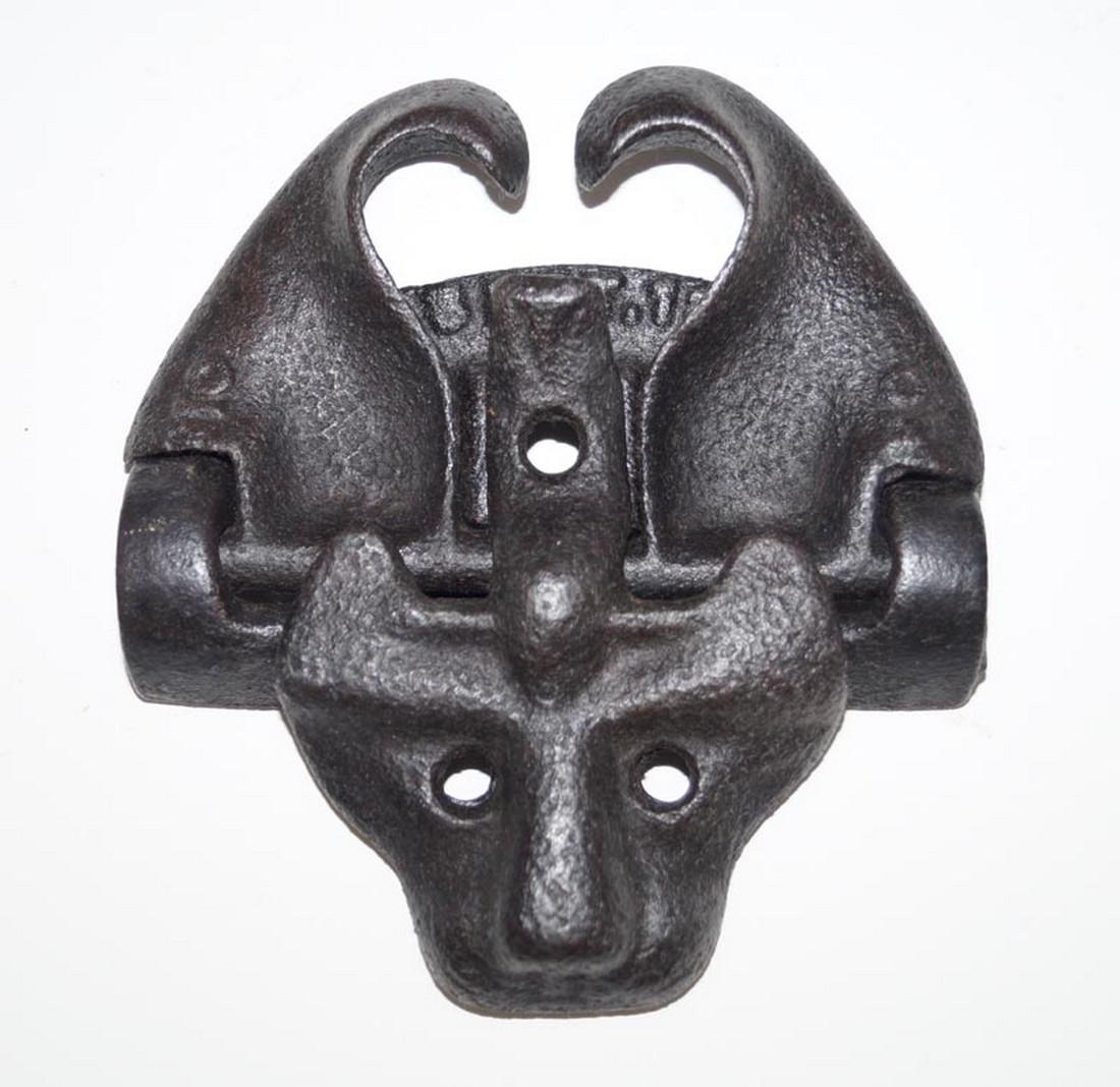 Antique Cat Head Cast Iron Gate Latch 1888: Title: Antique Cat Head Cast Iron Gate Latch 1888 Dimension: 5 1/2" tall w/ ears up x 5 " wide. 4 1/4" tall w/ ears down x 5" wide x 3 1/2" deep. Provenance:Antique Figural Cat Head Cast Iron Gate Lat