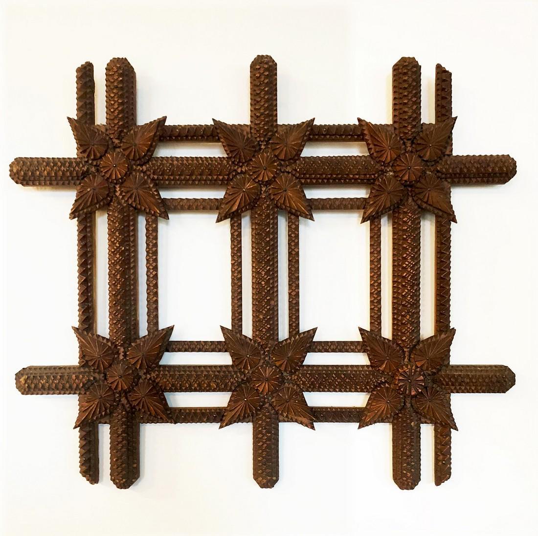 Tramp Art Frame with Leaves: Title: Tramp Art Frame with Leaves Provenance: Nice early finely carved tramp art frame with leaves. Great condition. Circa 1890s. 14" high x 11.75" wide Shipping: Domestic: Flat-rate of $22.00 to any