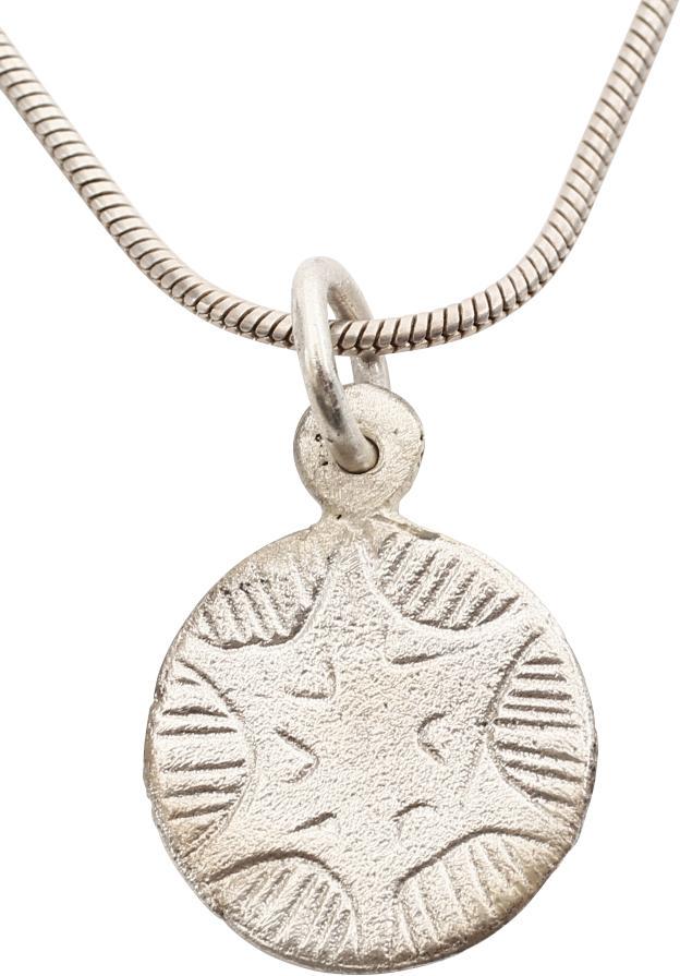 MEDIEVAL MYSTICAL AMULET C.1400-1500 JEWELRY: Circular, just over ½” diameter inscribed with a hexagram on radiant ground. Professionally refurbished with the silver surface restored on a Sterling silver neck chain for modern wear. The form is