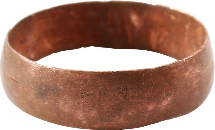 RARE COPPER VIKING WEDDING RING 900-1050 AD JEWELRY SZ9: No Reserve! Size 9. Wide 5.3mm width. Slightly rounded face. Bright red/brown patina. Vikings were expert metallurgists. The use of pure copper is rare and suggests a supernatural significance as allo