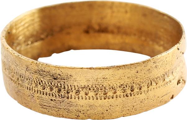 ANCIENT VIKING WEDDING RING C.850-1050 AD JEWELRY: Broad, flat band, size 2 ¾ for the small finger as was the custom. The center with a delicately stippled line flanked by fine dot border. Professionally refurbished with 24karat overlay restored Viki