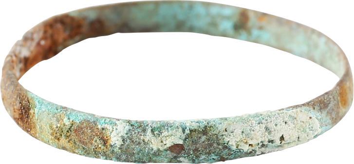 VIKING MAN’S WEDDING RING, 900-1050 AD, SIZE 8 ½.: No Reserve! Size 5. 2.2mm width. Slightly rounded face. Mottled green patina surface encrustation from burial with a few small areas of bronze showing through. Gift boxed with certificate of authentic