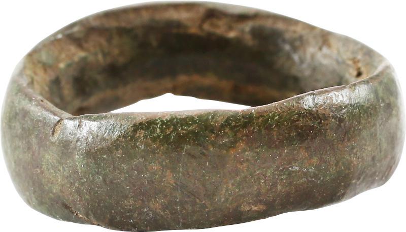 VVIKING WEDDING RING C.1000 AD SZ 9 1/2: No Reserve! Late 9th-11th century AD. Bronze, size 9 1/2. Broad 7.4mm width band with a well-rounded face. Cast with a central core which was laboriously removed to finish the ring for wear. The insid