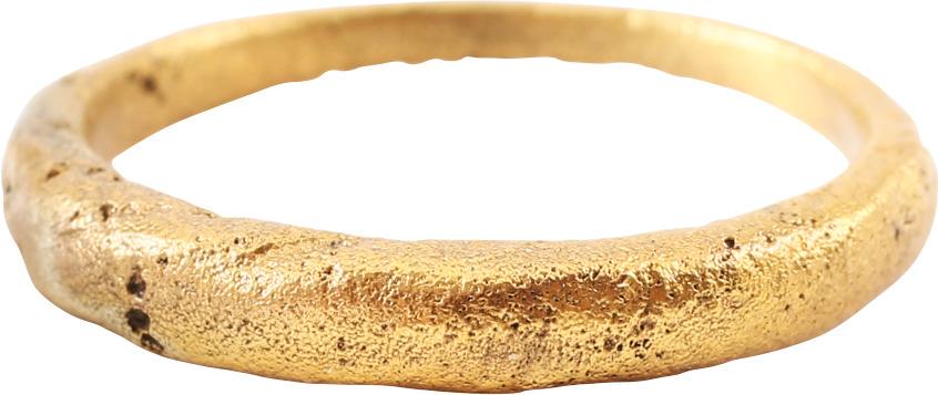 RARE VARIATION VIKING WEDDING RING SZ 10: Gilt bronze band with fully rounded face varying in width from 2.1mm to 3.7mm at the top. Made this way. probably for comfort and akin to the Viking twist rings which are also smaller at the bottom. P