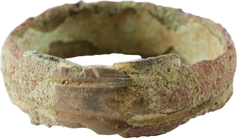 ANCIENT VIKING WEDDING RING 9TH-10TH CENTURY AD SZ9: No Reserve! Bronze. broad 6.0mm width. The outer edges with roped motif flanking rounded center band. Encrusted/eroded from burial with a short segment in excellent preservation. That condition is usu