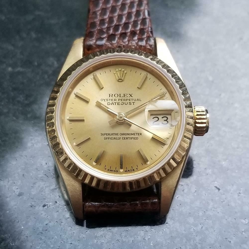 ROLEX 18k Gold Ladies Datejust 69178 President Auto.: Luxurious classic, 18k solid gold Rolex Ladies President Datejust 69178 automatic, circa 1990. Verified authentic by a master watchmaker. Gorgeous Rolex champagne dial, applied gold baton hour markers