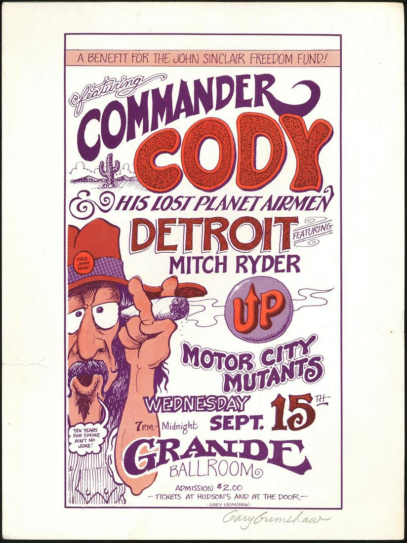 Signed Commander Cody Grande Ballroom Handbill: No Reserve! Artist: Gary Grimshaw Title: Signed Commander Cody Grande Ballroom Handbill Printing Date: 1971 Medium: Lithograph Size/Format: 9¾" x 13" Publisher: Grande Ballroom Series: Grande Ballroo