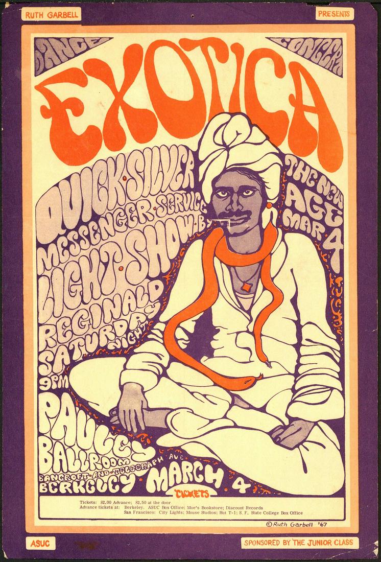 Interesting Quicksilver Messenger Service Handbill: No Reserve! Artist: Ruth Garbell Title: Interesting Quicksilver Messenger Service Handbill Printing Date: 1967 Medium: Lithograph Size/Format: 13½" x 20½" This interesting image was designed by Ruth