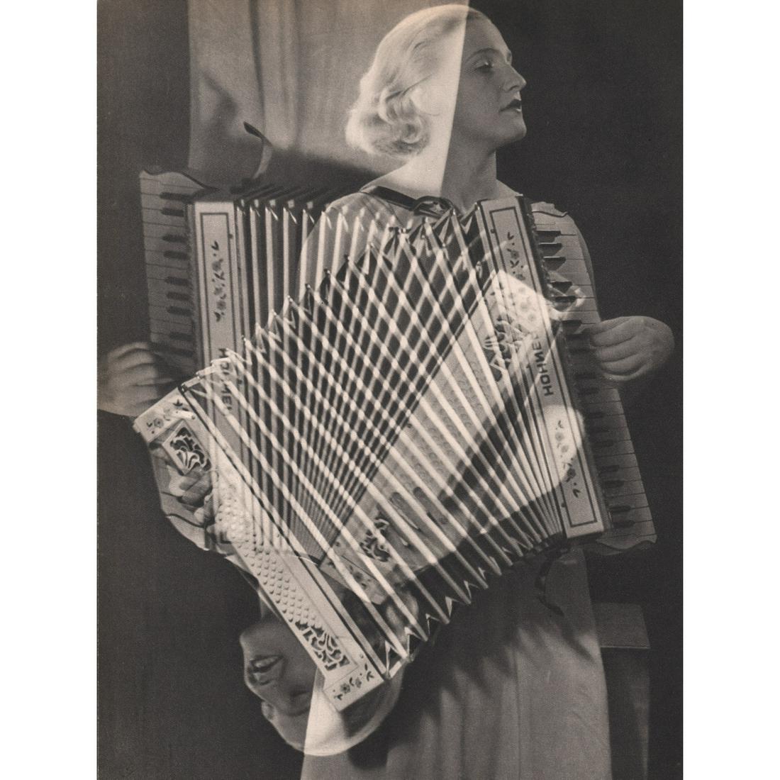 MAN RAY - Eva with Accordian: Artist: MAN RAY Print Title: Eva with Accordian Medium: Sheet-fed Gravure Printing Date: 1934 Printed in France Image size approx. 11.25 x 8.5 inches Man Ray, original name Emmanuel Radnitzky, was bor