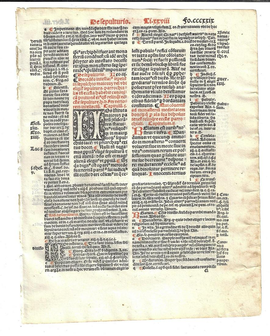 1516 Leaf Decretales of Pope Gregory IX: Beautifully printed leaf from the Decretales of Pope Gregory IX, printed at Paris, 1516. Crible initial by Thielman Kerver. Fine condition, measures 7 x 9". Accompanied by color copy of title leaf. Re