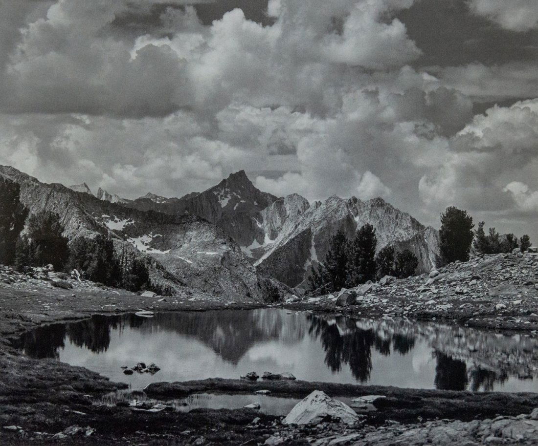 ANSEL ADAMS - Mt. Clarence King, Pool, Kings Canyon: Artist: Ansel Adams Title: Mt. Clarence King, Pool, Kings Canyon, CA, 1925 Medium: Duotone Photo Litho, 1990, USA Dimensions: 10.75x8.8" Heat Wax Mounted on 12x16" Conservation Board Ansel Adams was a