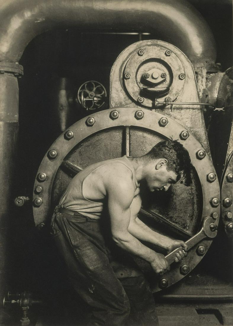 LEWIS HINE - Steamfitter, 1921: Artist: Lewis Hine Title: Steamfitter, 1921 Medium: Photo Litho, 1989, USA Dimensions: 7.6x10.6" Heat Wax Mounted on 11x14" Conservation Board Lewis Wickes Hine (1874 - 1940) was an American sociologi