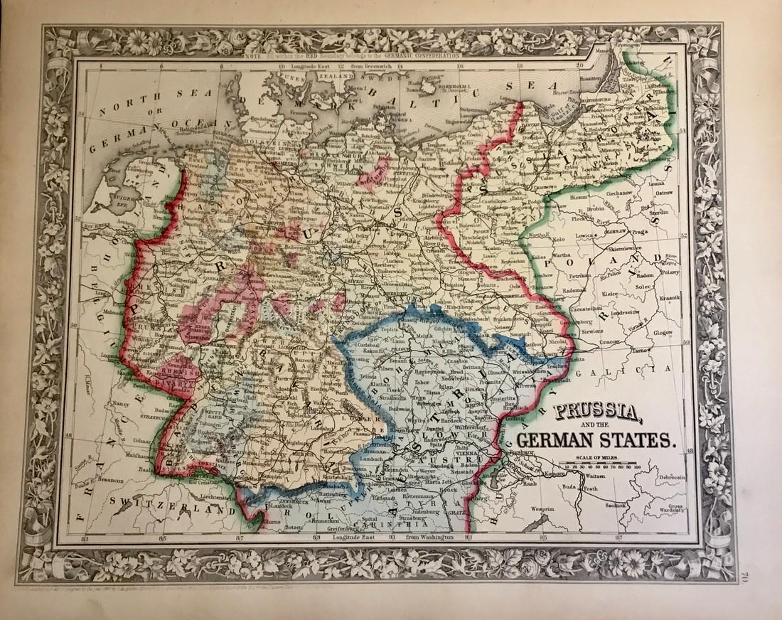 German states. Prussia. Bohemia: Title: German states. Prussia. Bohemia Date/Period: 1862 Dimensions: 15 1/2” x 12 1/2”. Description: By Augustus S. Mitchell. Hand colored engraved map. From ‘the New General Atlas’. Published
