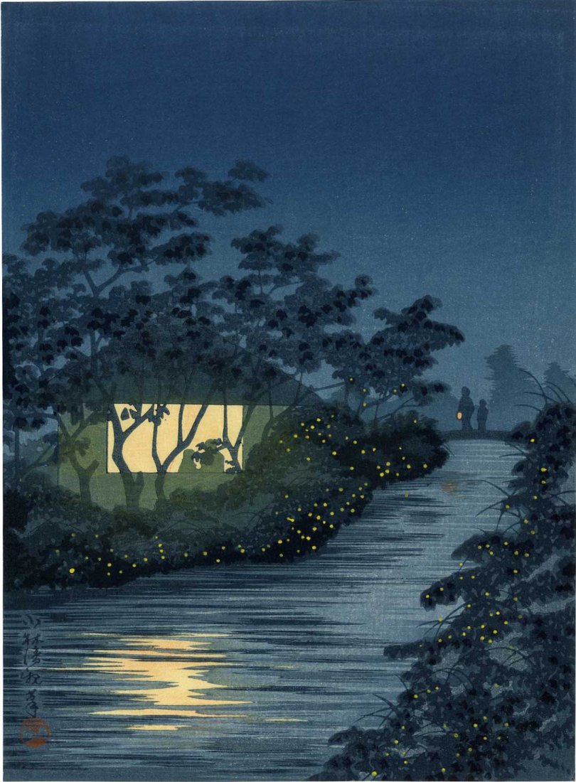 Kiyochika Kobayashi: River of Fireflies 1930s Woodblock: Japanese Woodblock Print, Fireflies at Kinu River at Tennoji, 1930 published by the Shima Art Co. SIZE IN INCHES: chuban, 7.5 x 10.25 inches PROVENANCE: From the Robert O. Muller estate. KOBAYASHI KIY