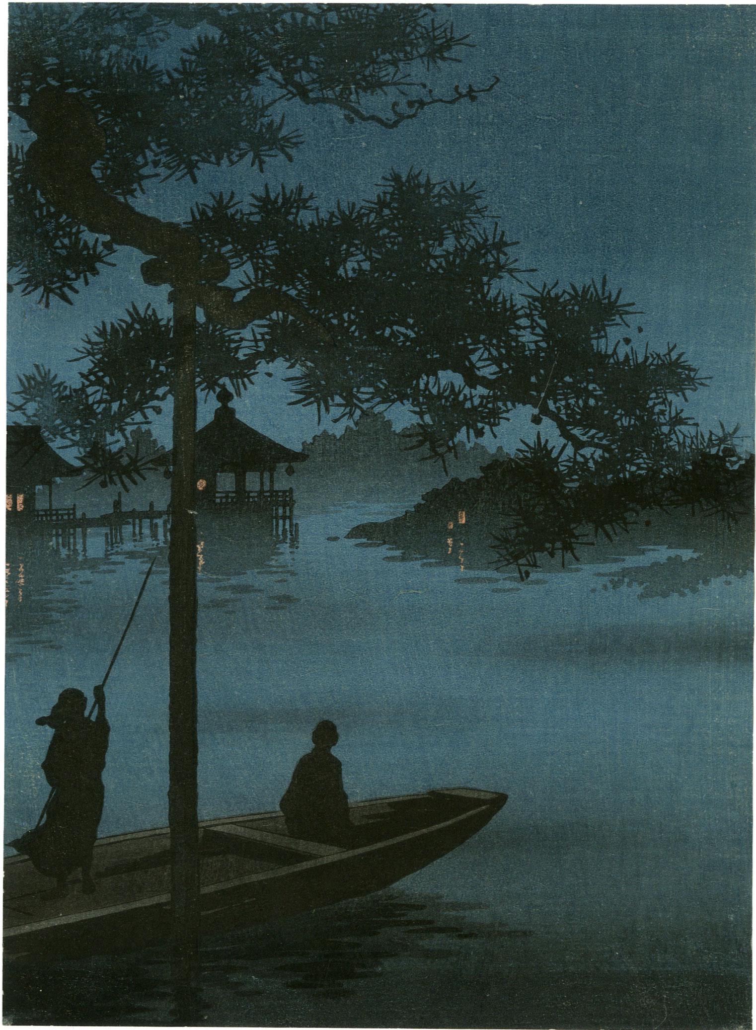 Koho Shoda: Taking the Evening Cool Lake Biwa 1920s: Japanese Woodblock Print, c1920-30's, Hasegawa/Nishinomiya Publisher, "Night Scenes" series (21 designs) SIZE IN INCHES: chuban, 7 x 9.5 COMMENTS: Vintage "Night Scenes" series. Skillful "bokashi" sha
