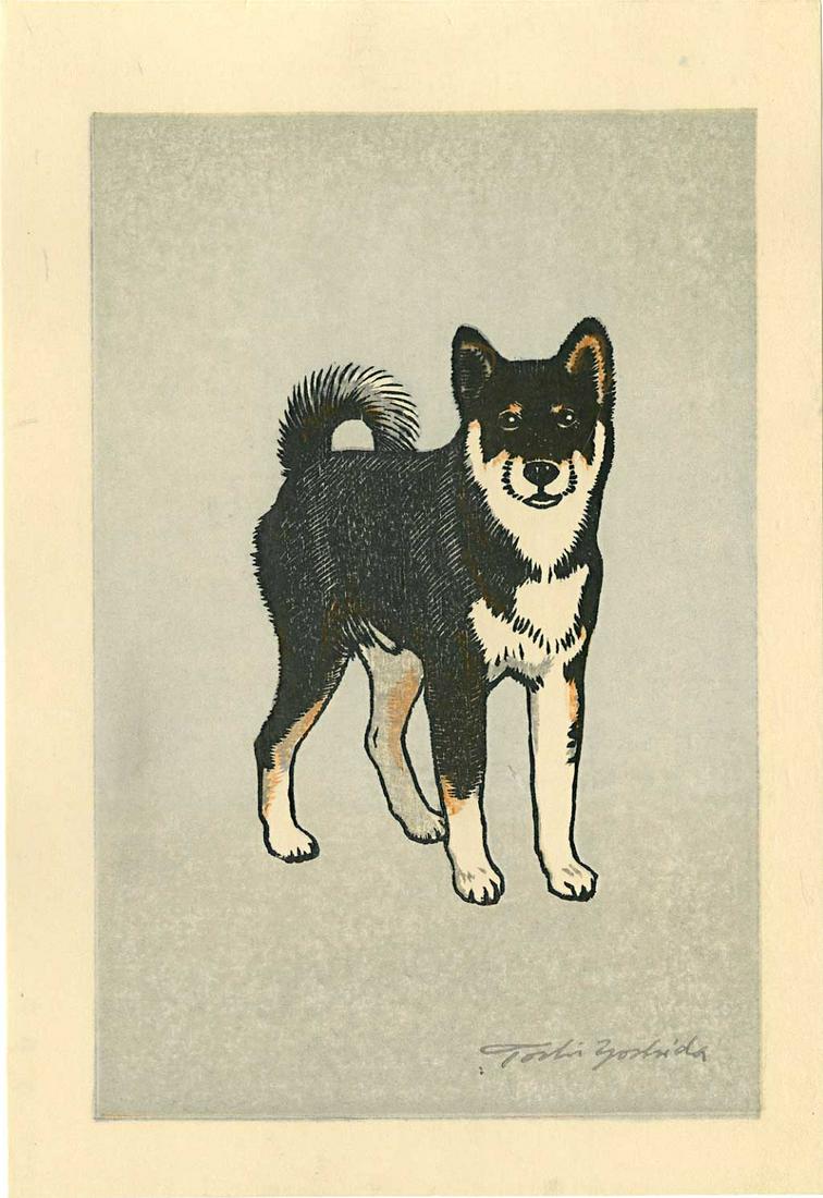 Toshi Yoshida: Monjiro Shiba Dog 1981 Woodblock: Japanese Woodblock Print, 1981, later embossed signature edition SIZE IN INCHES: chuban, 7.125 x 10.25 inches TOSHI YOSHIDA was the eldest son of Hiroshi Yoshida (1876-1950 who began teaching him when