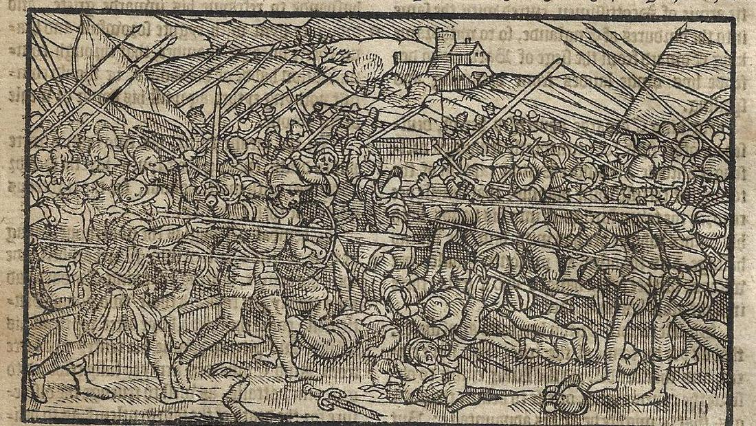 1577 Holinshed Leaf Woodcut of a Battle (1 of 2)