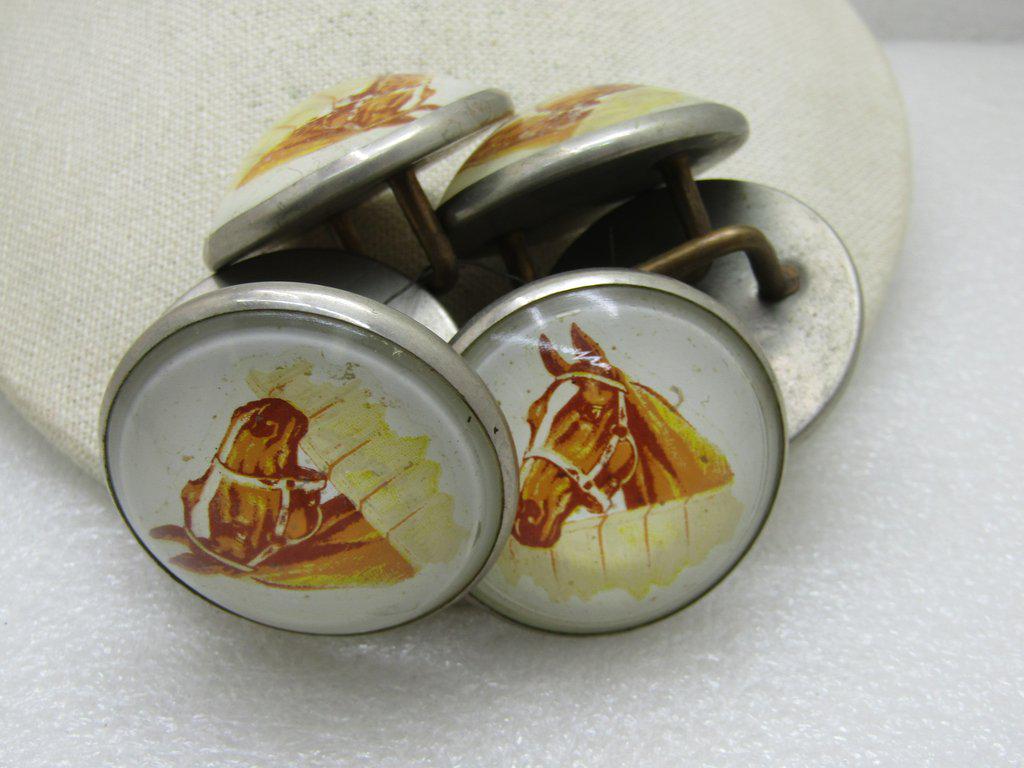 Lot Vintage Glass Horse Bridle Button/Rosettes, 6: 6 Vintage Glass Horse Bridle Buttons Rosettes, 1.75" across, domed glass top with the same horse at fence wearing halter with white background, brown horse and pale yellow fence. They will hold a 3/4
