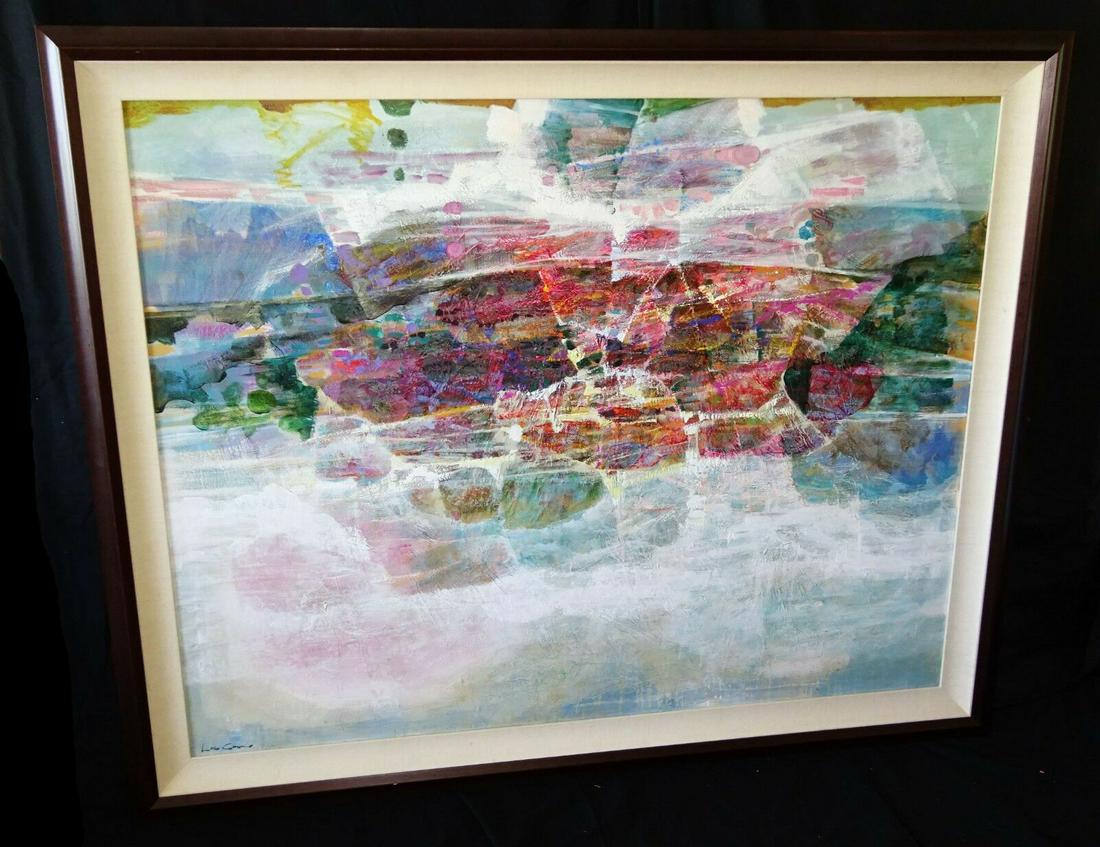 Lau Chun: 1980 Hawaii/Chinese Abstract Oil Painting: Up for sale from a recent client in Honolulu Hawaii this massive 1980s Chinese/Hawaii textured pallet knife abstract oil on canvas painting that is titled "Hawaii Refelctions" a abstract landscape of