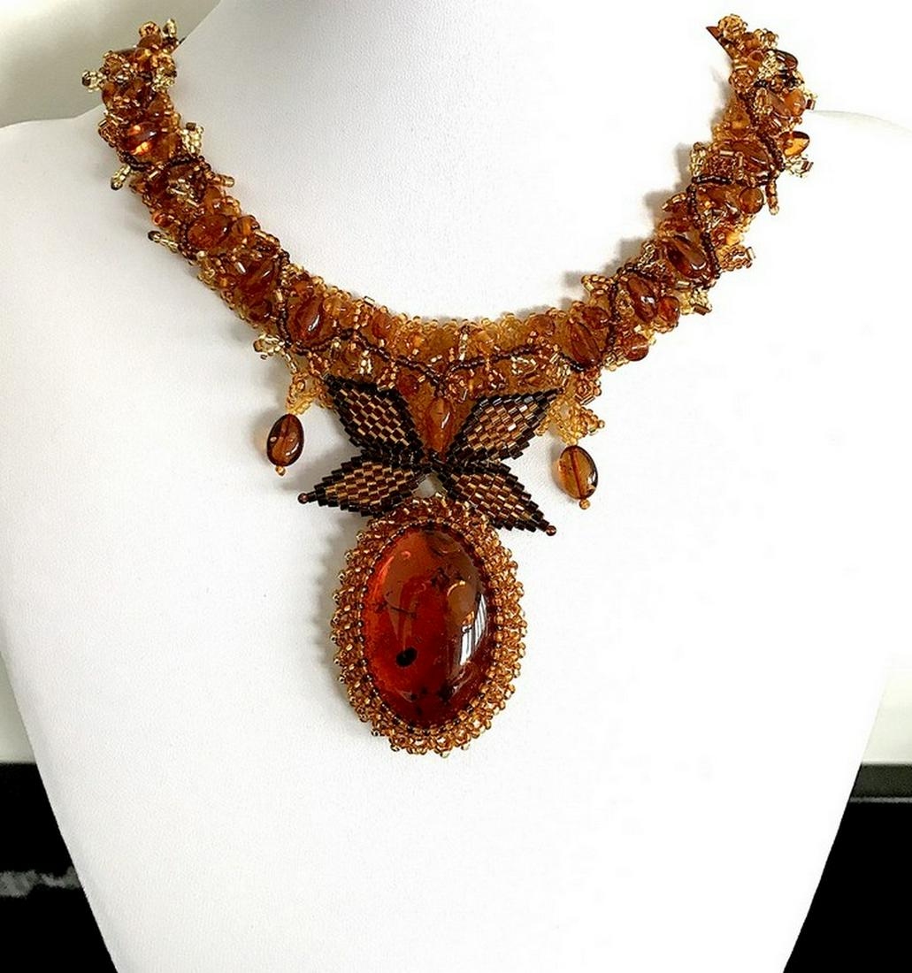 Unique and Grand Amber Floral Necklace made from leaf (1 of 10)