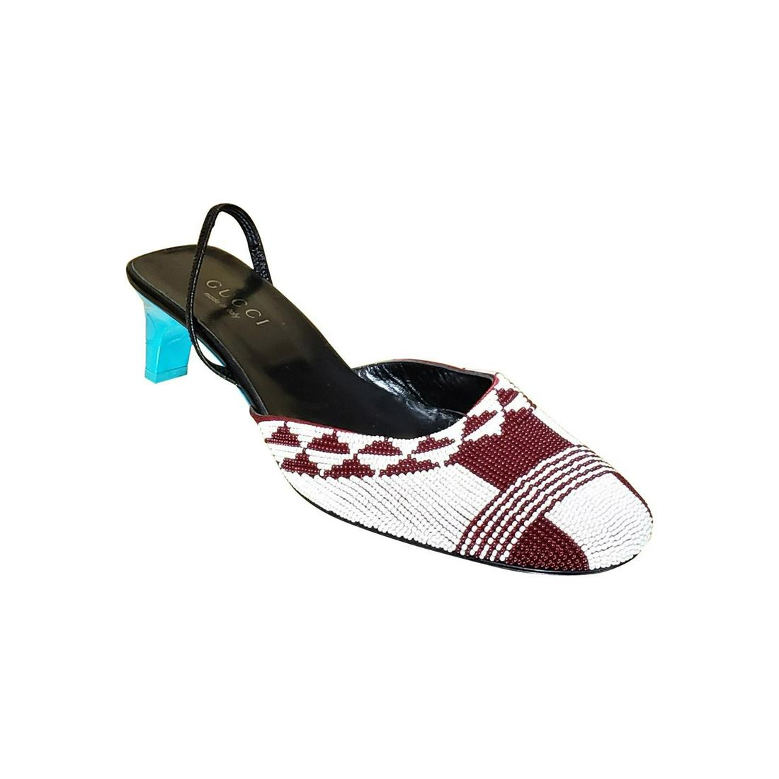 S/S 1999 VINTAGE ICONIC TOM FORD for GUCCI BEADED SHOES: S/S 1999 GUCCI ICONIC BEADED SHOES Color: Red/White Leather lining Leather sole Heel measures approximately 2'' Italy Size is 8 B Brand new, in excellent condition. Details Designer Tom Ford for Gucci