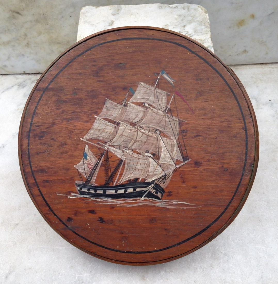 C1880 Pantry Box With Schooner Painting----with: Title: C1880 Pantry Box With Schooner Painting----with American Flag Provenance: Measures 9" diameter. 4 3/4" high. Shipping: Domestic: Flat-rate of $20.00 to anywhere within the contiguous U.S. Inter
