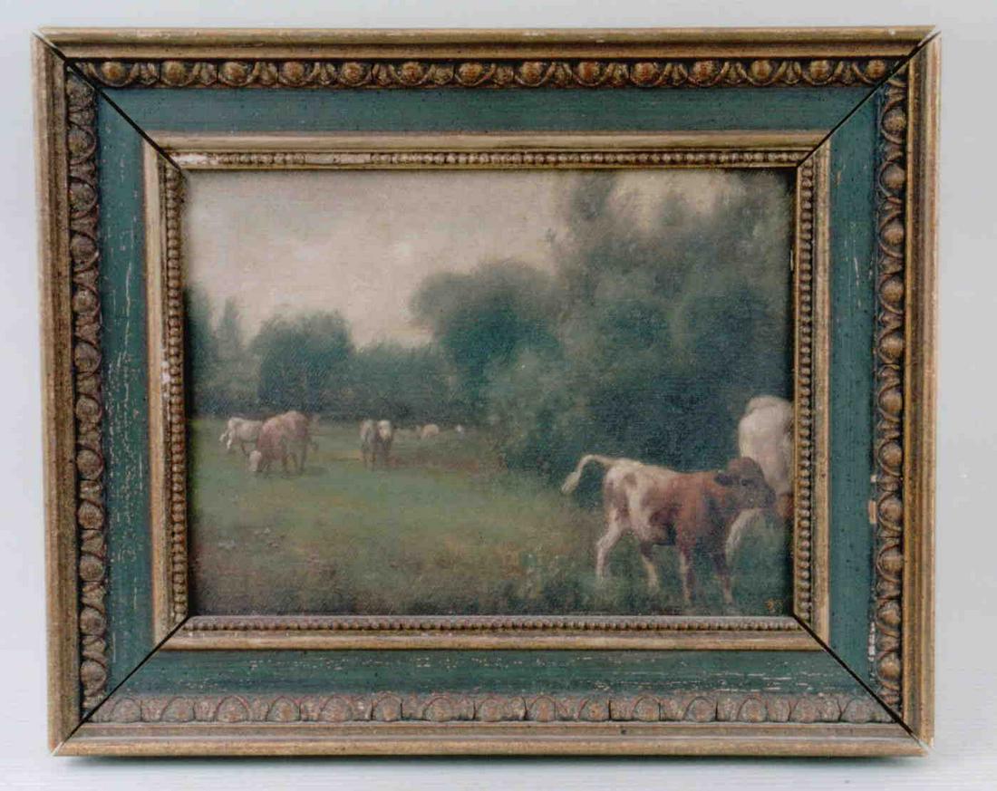 A small oil on canvas board of cows in a field, (1 of 1)