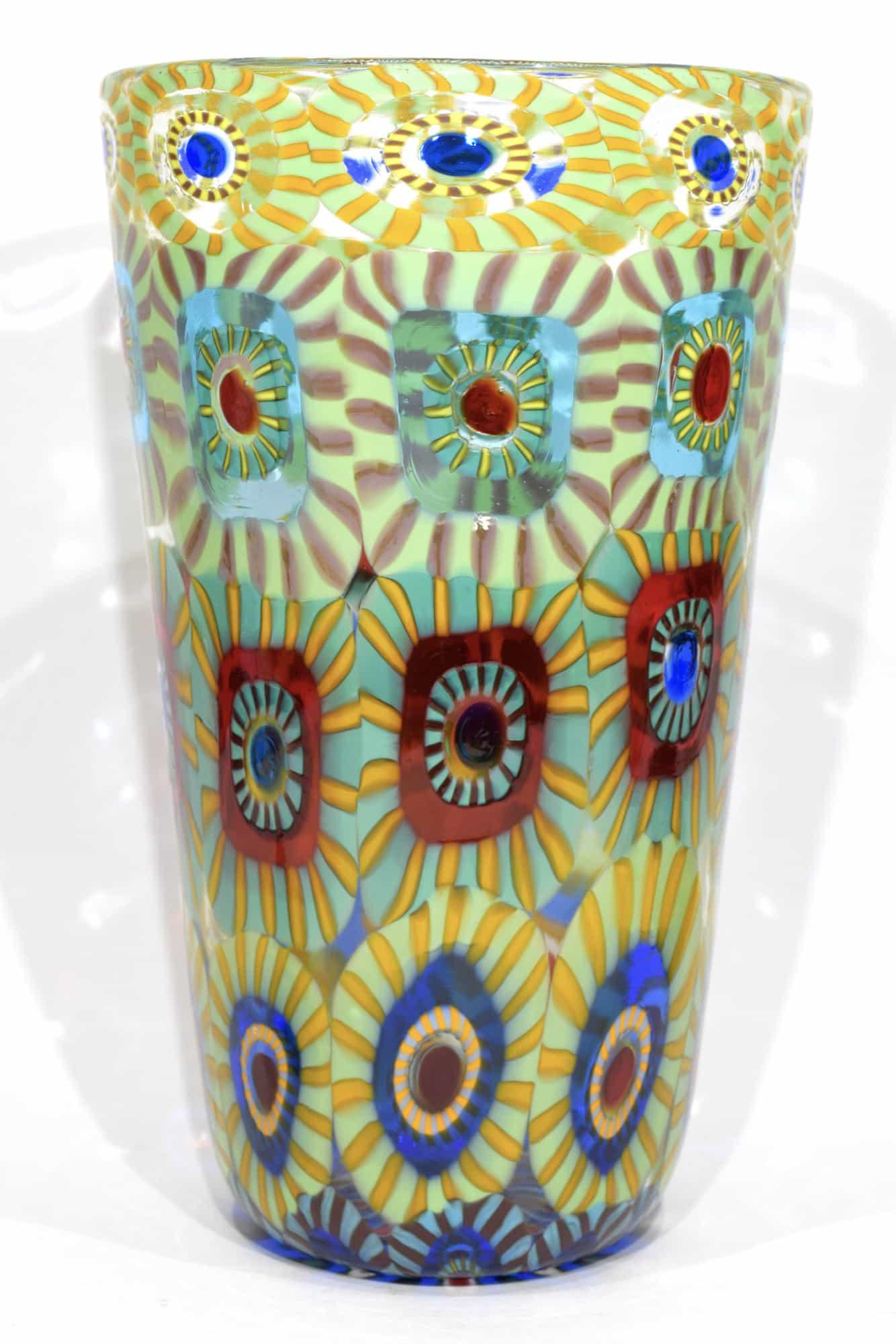 Murano glass vase with murrine signed: Title: Murano glass vase with murrine signed Maker: Mario Formentello Origin: Murano Date/Period: 2019 Materials: glass Size: 24,4 x 14,5 cm 780 grams Murano glass vase with multicolour murrine, made 