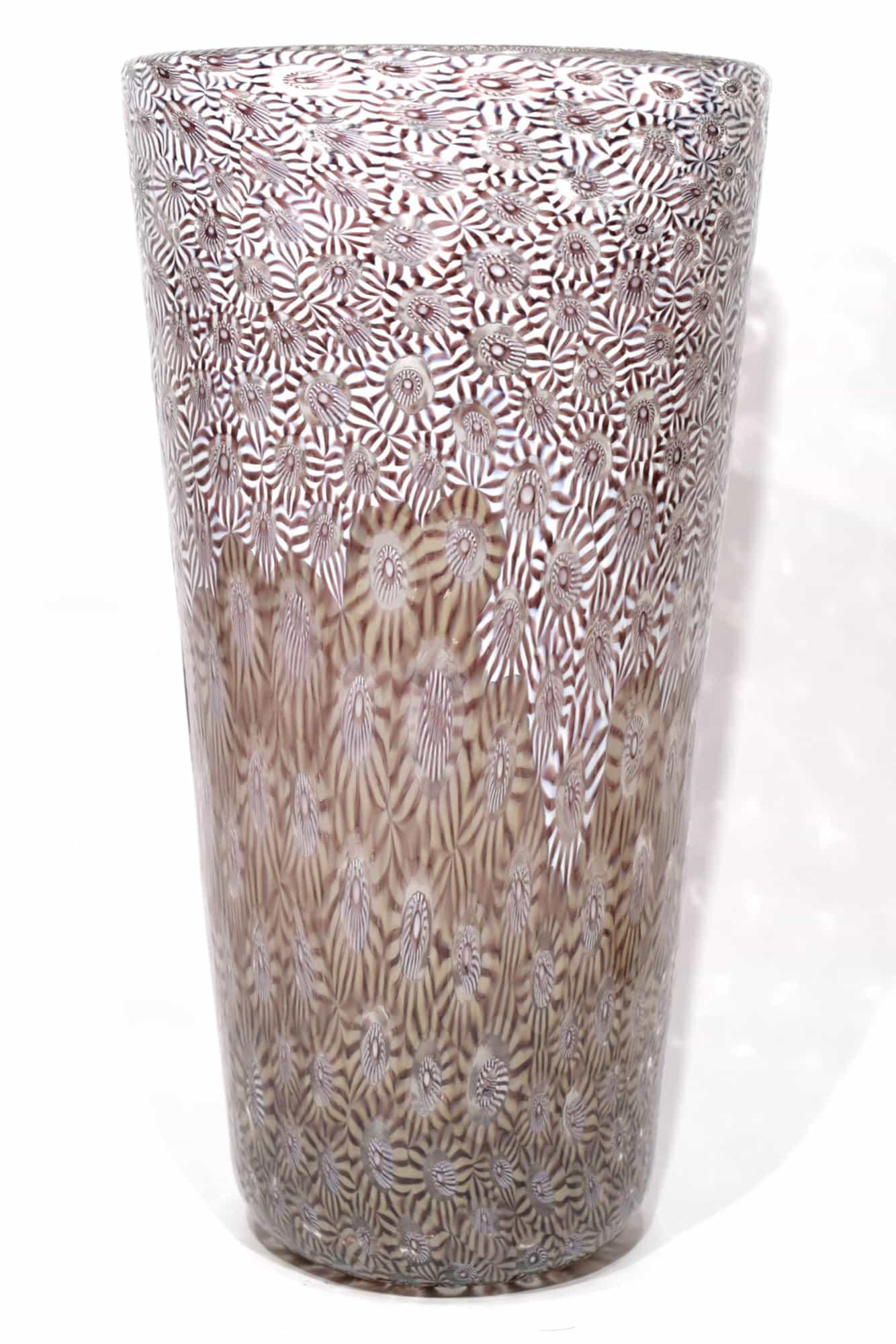 Murano glass vase with murrine signed: Title: Murano glass vase with murrine signed Maker: Mario Formentello Origin: Murano Date/Period: 2019 Materials: glass Size: 25,5 x 13,5 cm 900 grams Murano glass vase with multicolour murrine, made 
