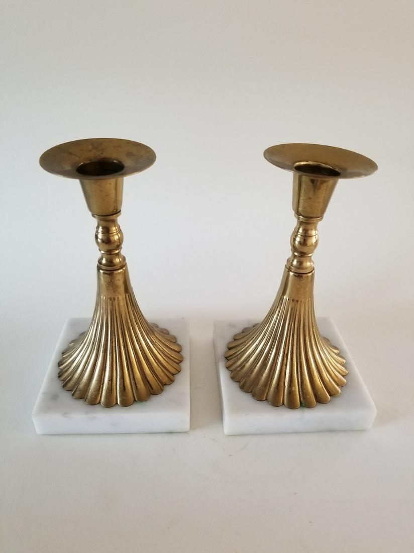 Pair of Mid Century Art Deco Brass Torchiere Candle: Title: Pair of Mid Century Art Deco Brass Torchiere Candle Holder on Marble Stand Maker: NA Origin: US Date/Period: 1950s Materials: Brass and marble Size: 7 x 4 (base) x 2 (top) inches An elegant pai